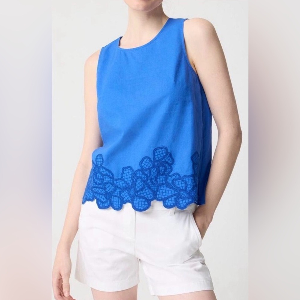 J. Crew, Royal Blue Linen, Cotton Top with Floral Embroidery, Size Medium
